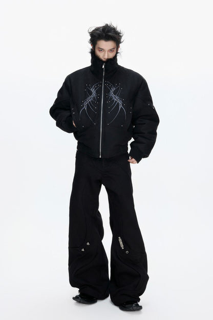 Embroidered Studded Fleece Puffer Jacket