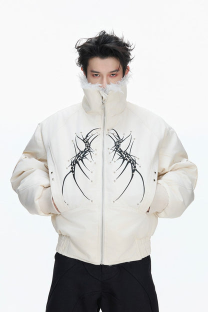 Embroidered Studded Fleece Puffer Jacket