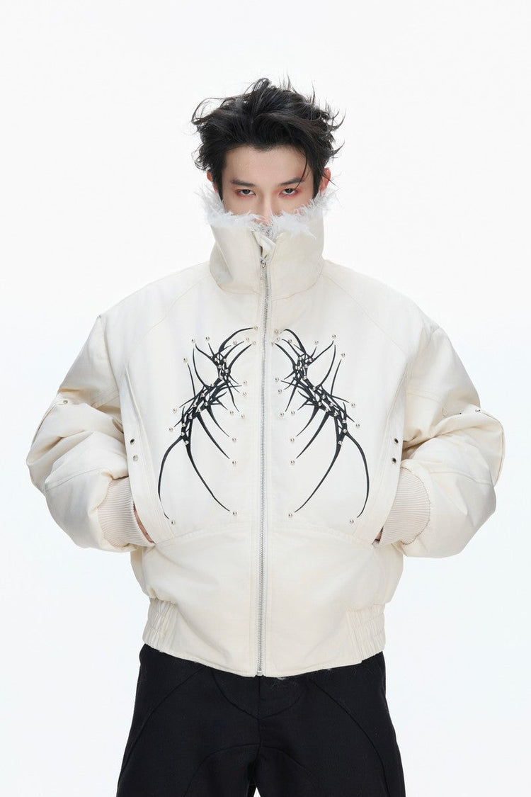 Embroidered Studded Fleece Puffer Jacket