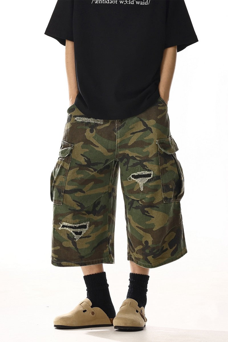 Distressed Camo Cargo Shorts
