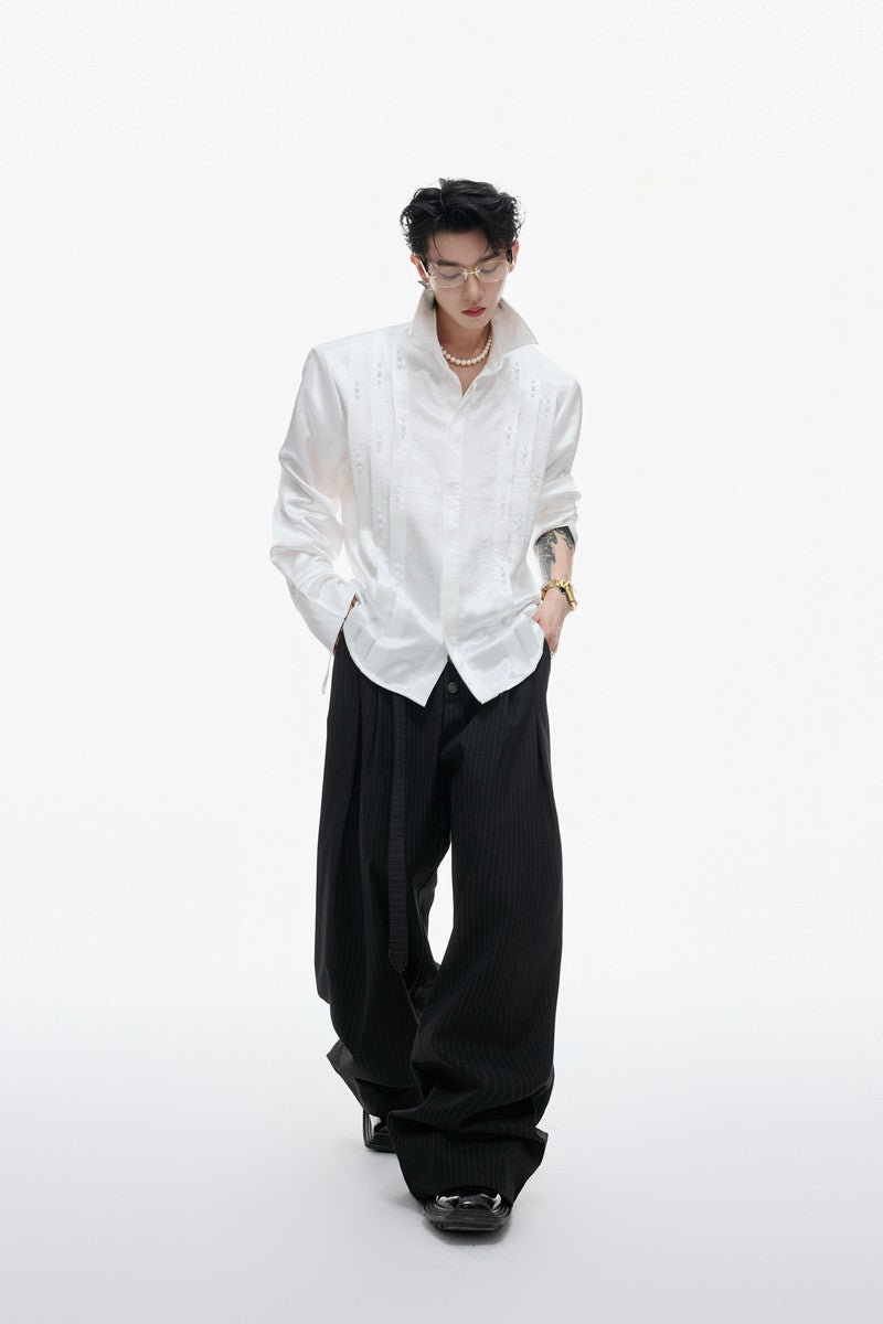 Metallic Tie Pearl Pleated Shirt
