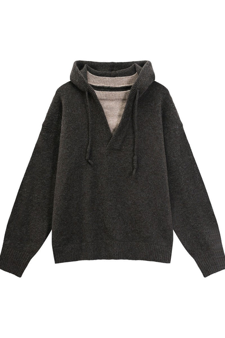 Heavyweight Layered Look Hooded Knit Sweater — Turntide — view 8