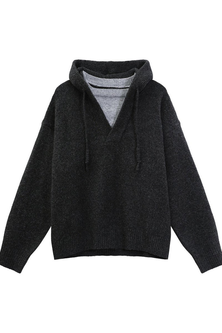 Heavyweight Layered Look Hooded Knit Sweater — Turntide — view 7
