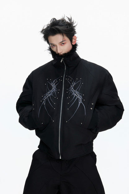 Embroidered Studded Fleece Puffer Jacket