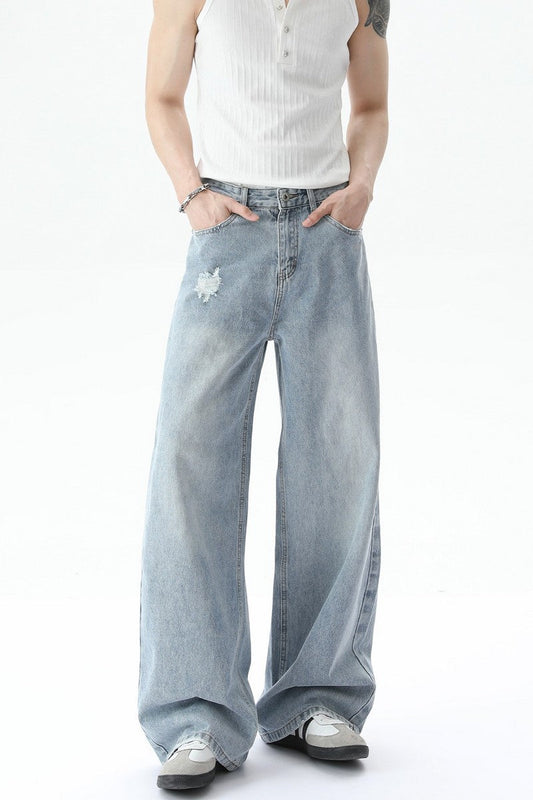 Washed Distressed Straight Leg Jeans