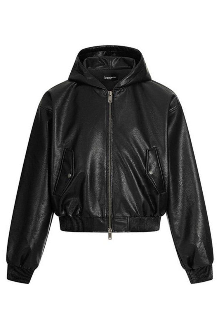 Black PU Hooded Jacket — Trenqor Basics — view 5