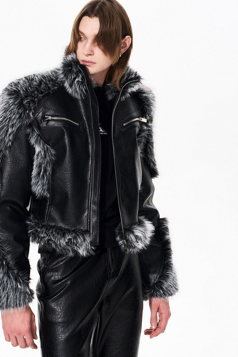 Fur Panel Padded Leather Jacket
