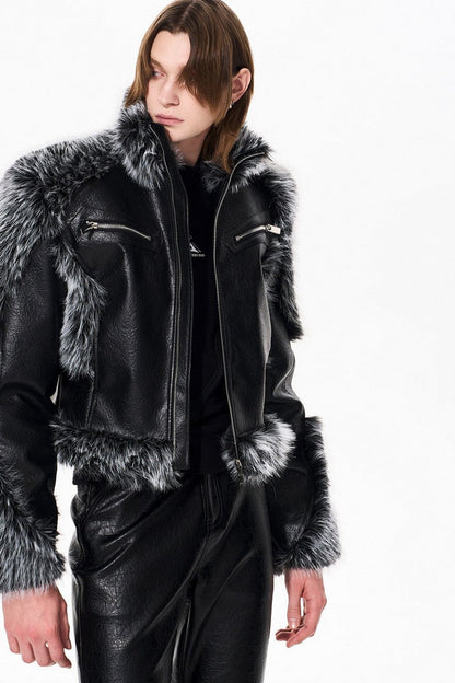 Fur Panel Padded Leather Jacket