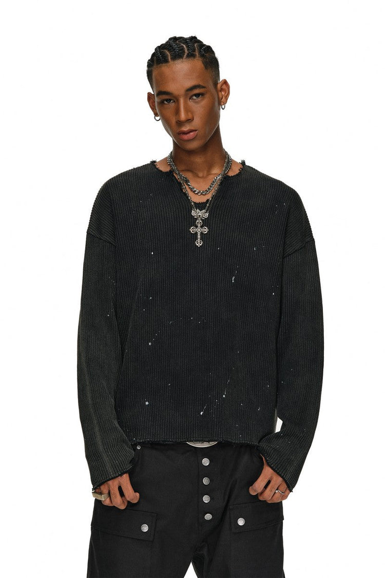 Distressed Paint V-Neck Sweater — Antidote