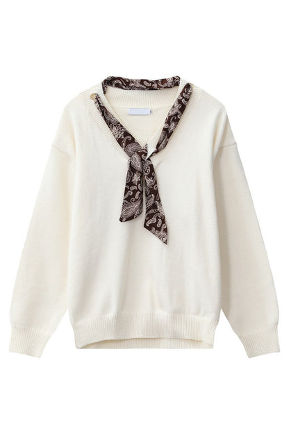 Scarf Detail V Neck Knit Sweater