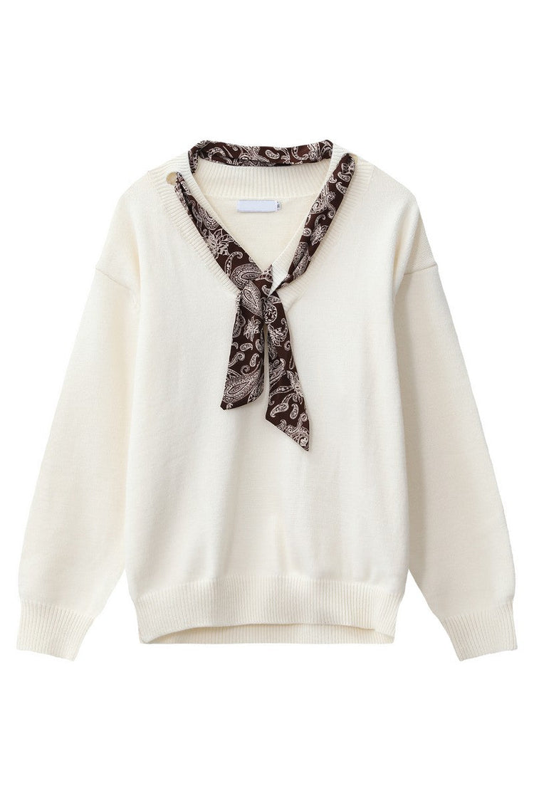 Scarf Detail V Neck Knit Sweater
