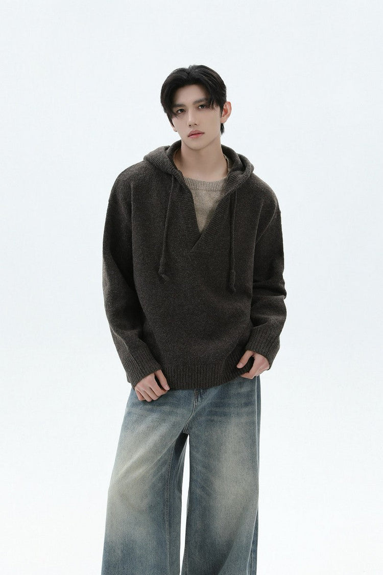 Heavyweight Layered Look Hooded Knit Sweater — Turntide — view 2