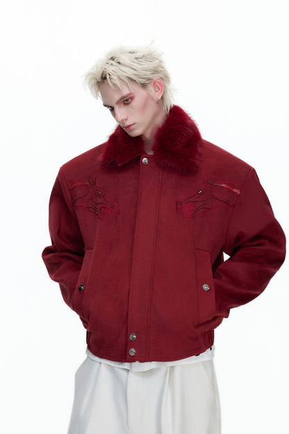 Suede Fur Collar Embellished Jacket