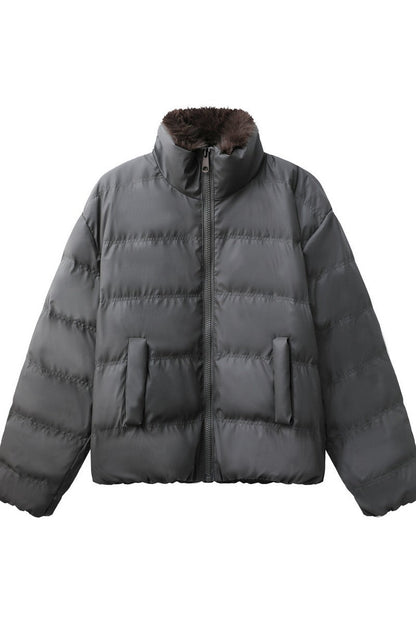 Down Puffer Faux Fur PU Jacket