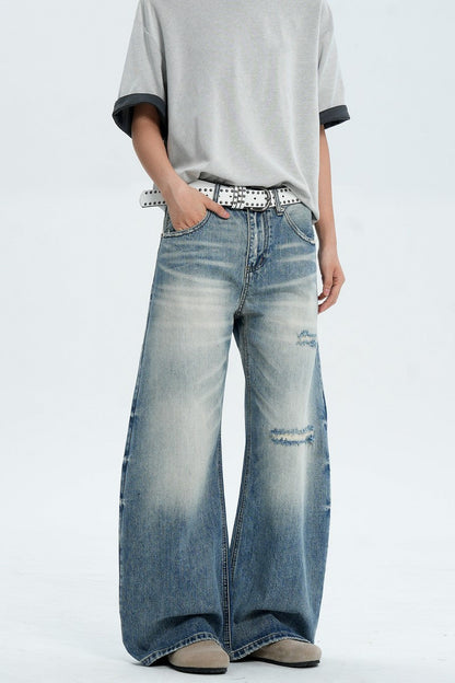 Destroyed Washed Wide Jeans — Trenqor Basics — view 4