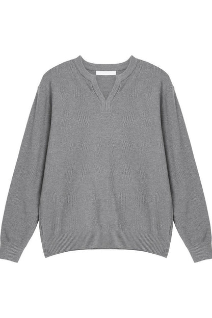 Textured V Neck Knit Sweater