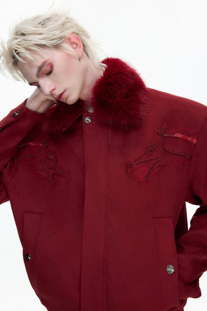 Suede Fur Collar Embellished Jacket