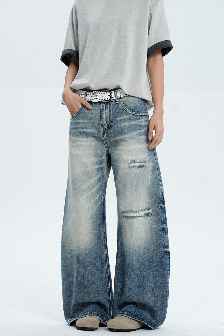 Destroyed Washed Wide Jeans — Trenqor Basics — view 5