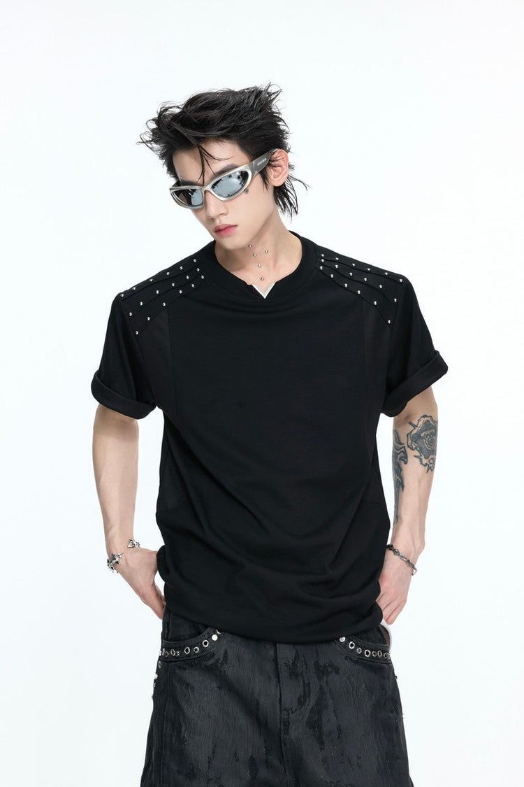Pleated Studded V-Neck T-Shirt — Argue Culture
