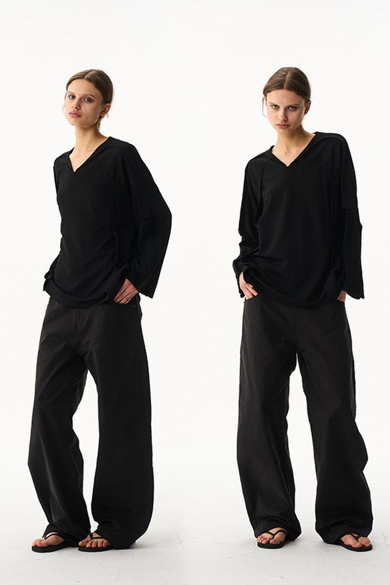 Contrast V Neck Long Sleeve Tee