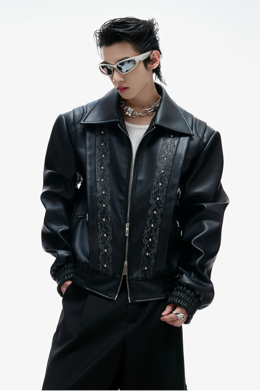 Embroidered Deconstructed Cropped Leather Jacket