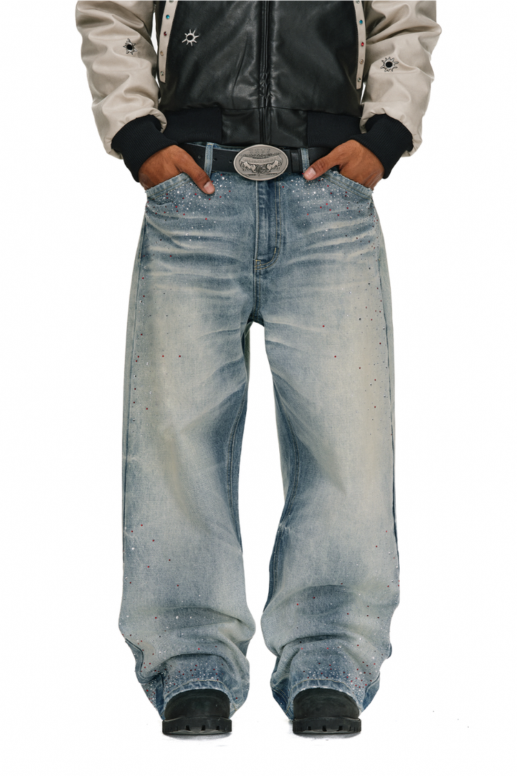 Washed Rhinestone Straight Jeans — Antidote