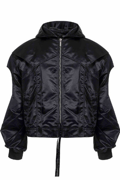 Cropped Hooded Ruched Sleeve Bomber Jacket