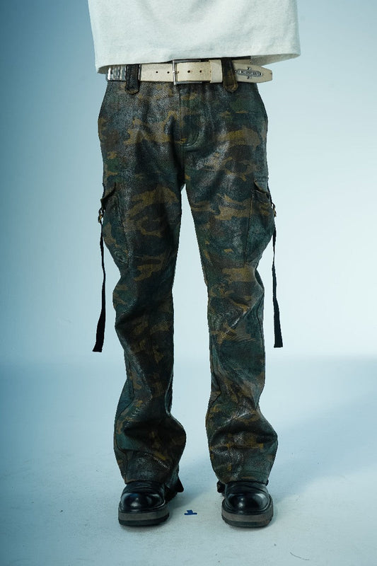Waxed Camo Flared Cargo Pants