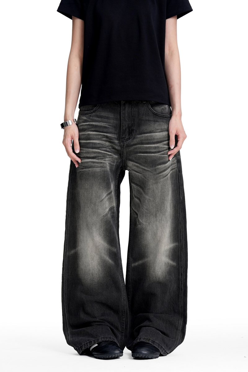 Faded Whiskered Wide Jeans