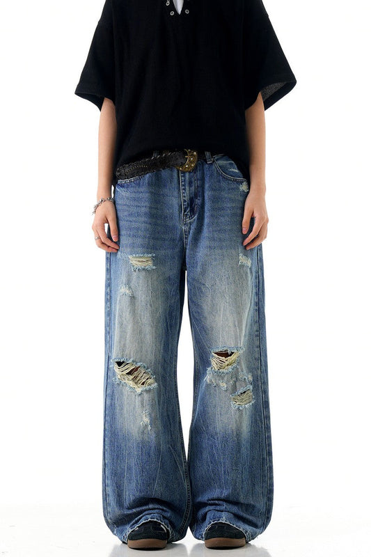 Blue Ripped Wide Jeans