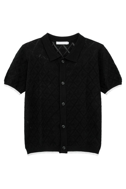 Diamond Knit Fitted Short Sleeve Cardigan