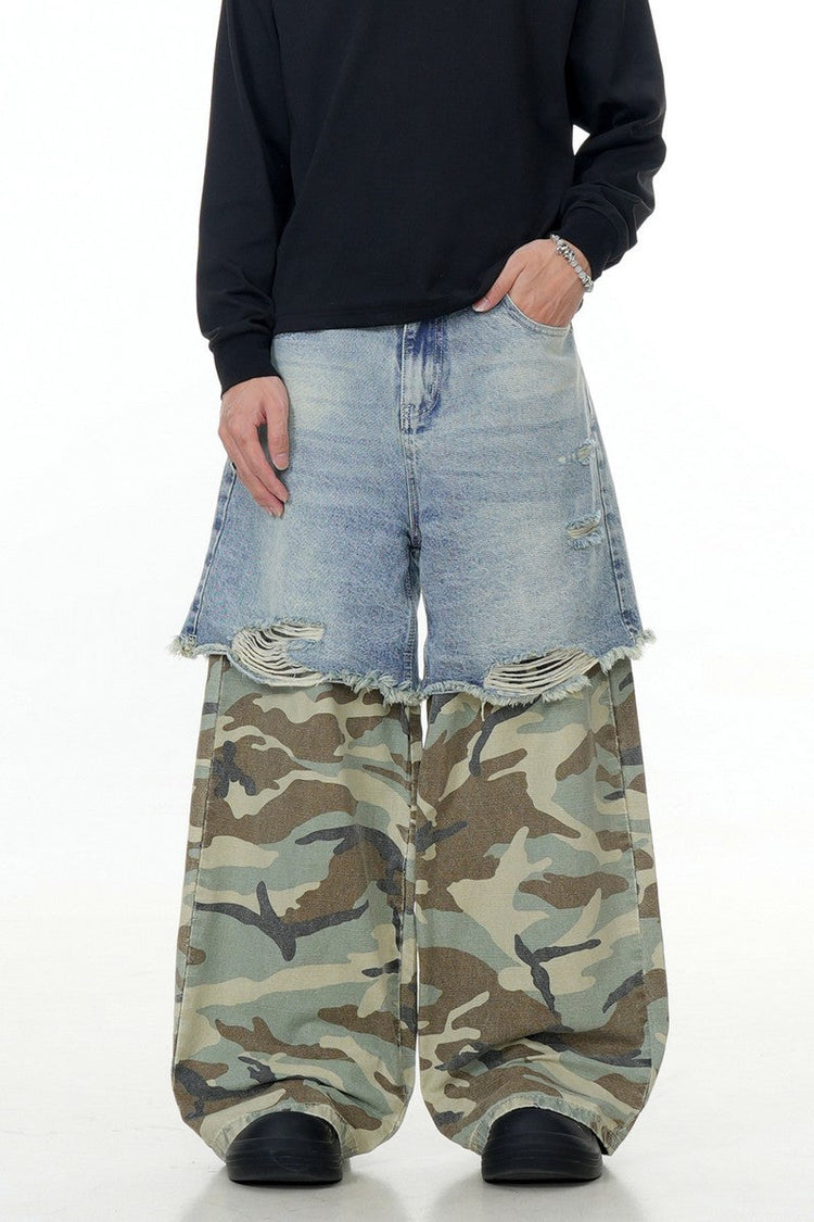 Blue Camo Patchwork Wide-Leg Pants — Trenqor Basics