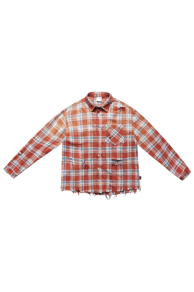 Distressed Plaid Oversized Shirt Jacket