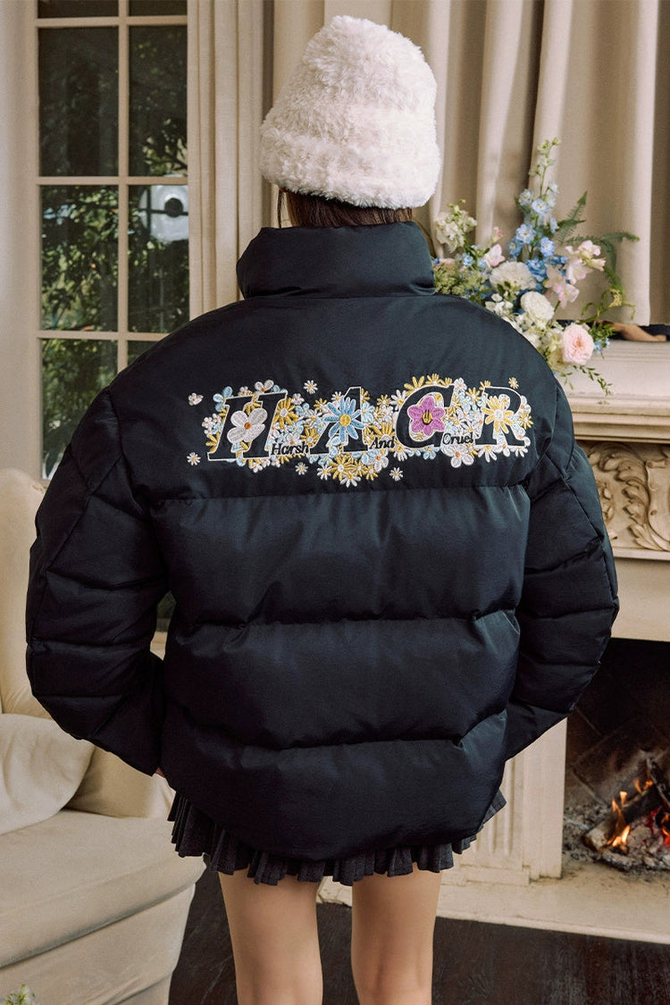 Cutout Cartoon Embroidered Puffer Jacket — Harsh and Cruel