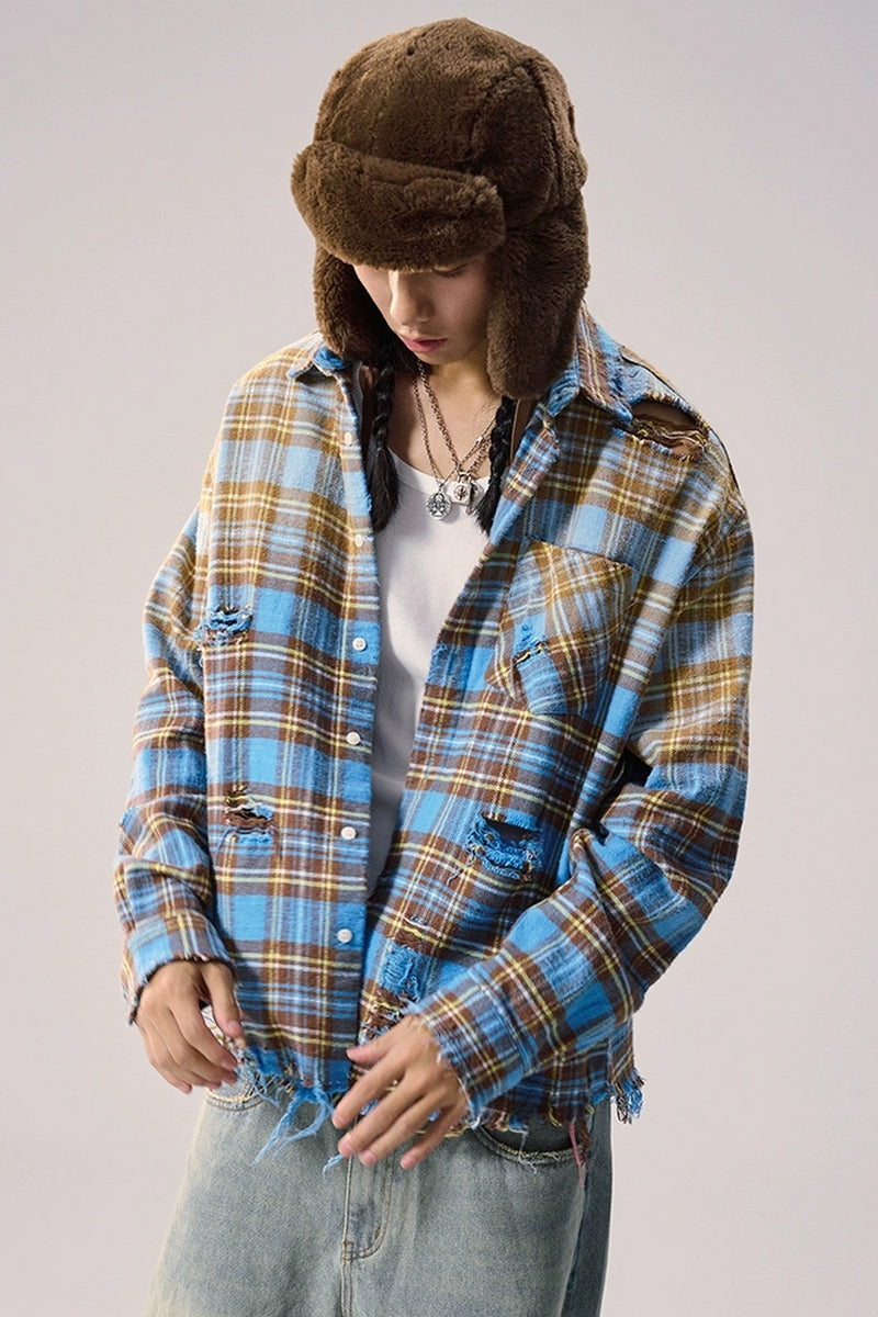 Distressed Plaid Oversized Shirt Jacket