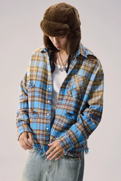 Distressed Plaid Oversized Shirt Jacket