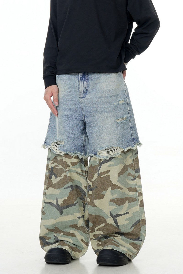 Blue Camo Patchwork Wide-Leg Pants — Trenqor Basics — view 2