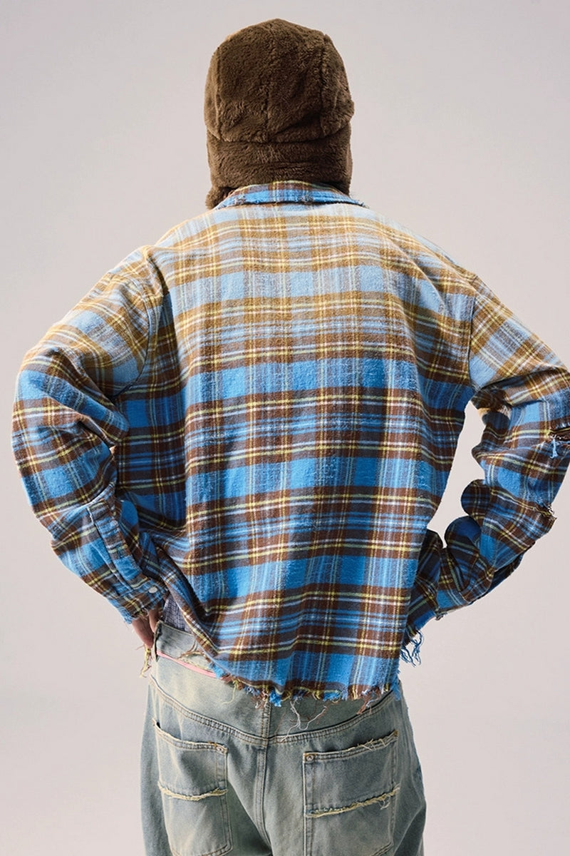 Distressed Plaid Oversized Shirt Jacket