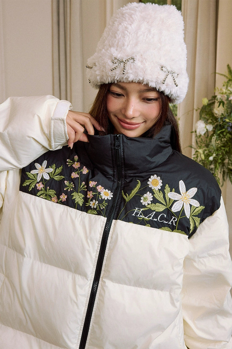 Colorblock Floral Embroidered Puffer — Harsh and Cruel