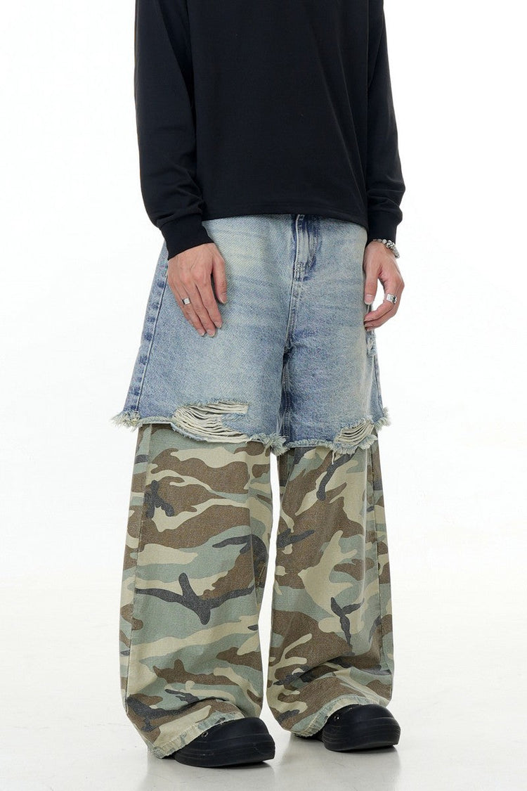 Blue Camo Patchwork Wide-Leg Pants — Trenqor Basics — view 3