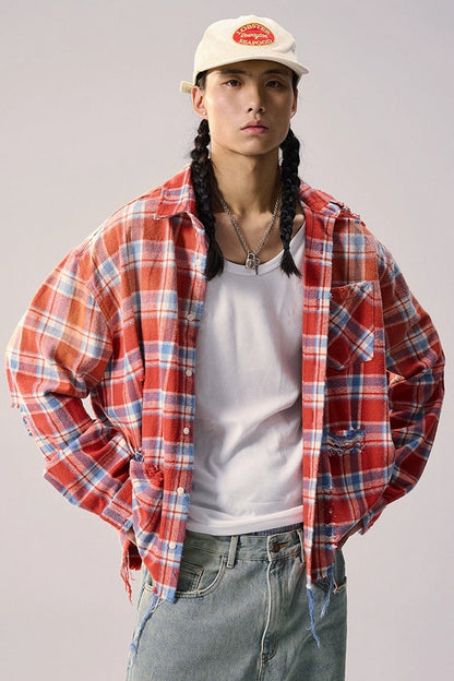 Distressed Plaid Oversized Shirt Jacket