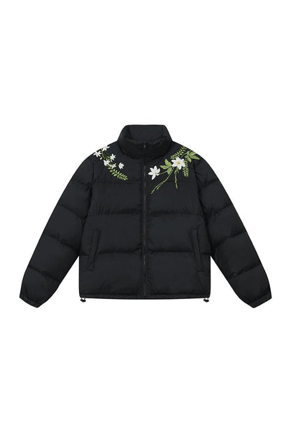 White Floral Wreath Embroidered Puffer