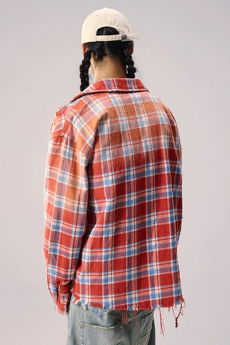 Distressed Plaid Oversized Shirt Jacket