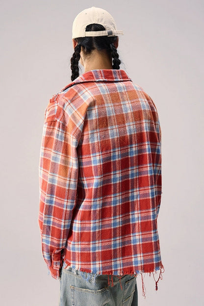 Distressed Plaid Oversized Shirt Jacket