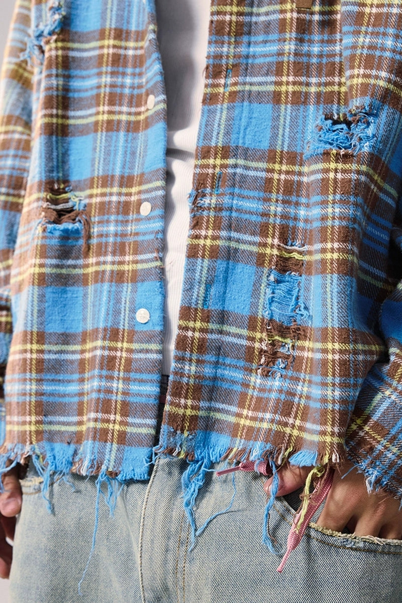 Distressed Plaid Oversized Shirt Jacket