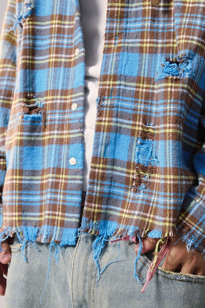 Distressed Plaid Oversized Shirt Jacket