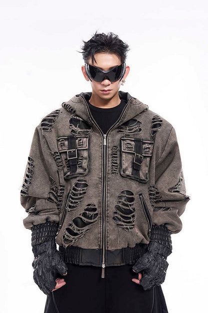 Distressed Washed Patchwork Hoodie
