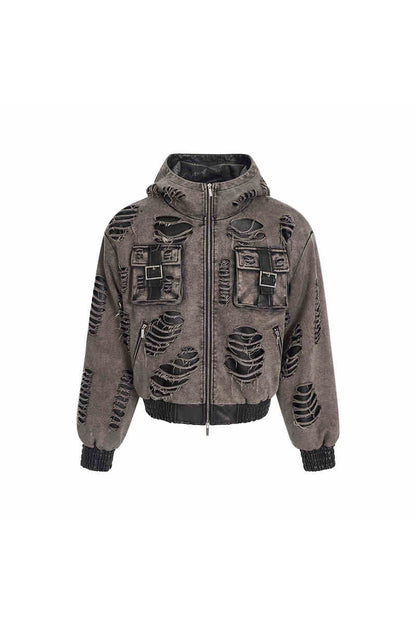 Distressed Washed Patchwork Hoodie