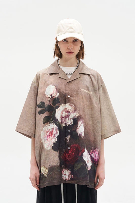 Vintage Floral Oil Painting Cuban Shirt