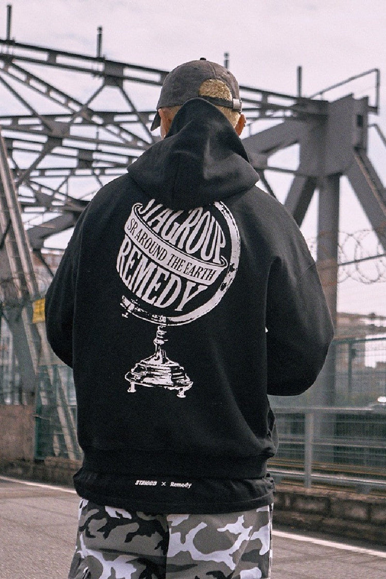 Globe Logo Print Hoodie — Remedy — view 2